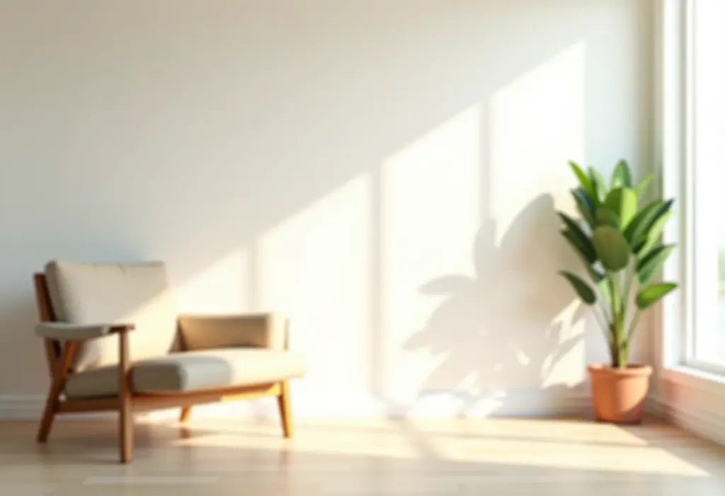 Sala de estar minimalista com iluminação natural e poucos móveis.