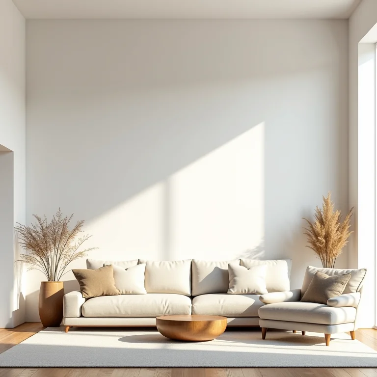 Sala de estar minimalista com móveis e decoração modernos.