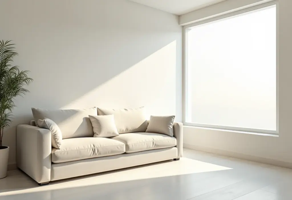 Sala de estar minimalista com sofá de linho impecável