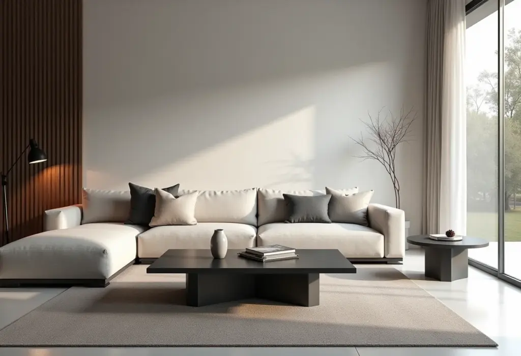 Sala de estar moderna com móveis de ardósia.