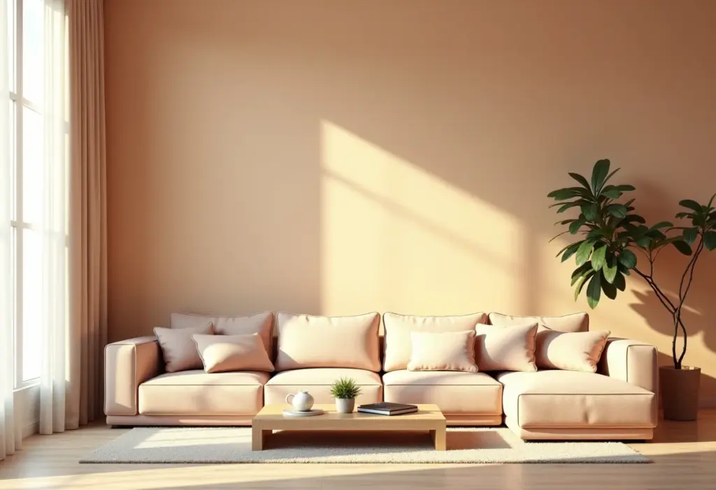 Sala de estar moderna com paleta de cores equilibrada e iluminação suave.