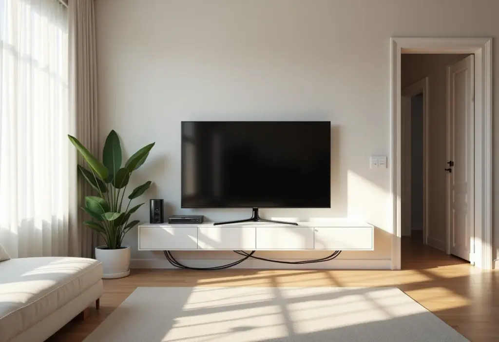 Sala de estar organizada com cabos escondidos