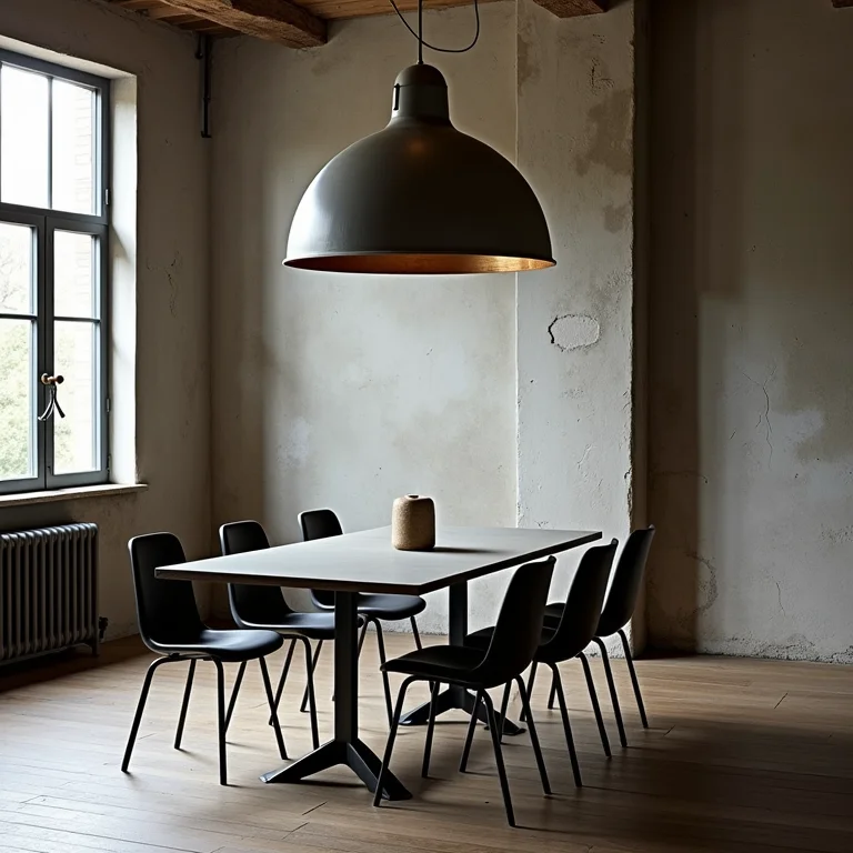 Sala de jantar industrial com mesa pequena e cadeiras desproporcionais