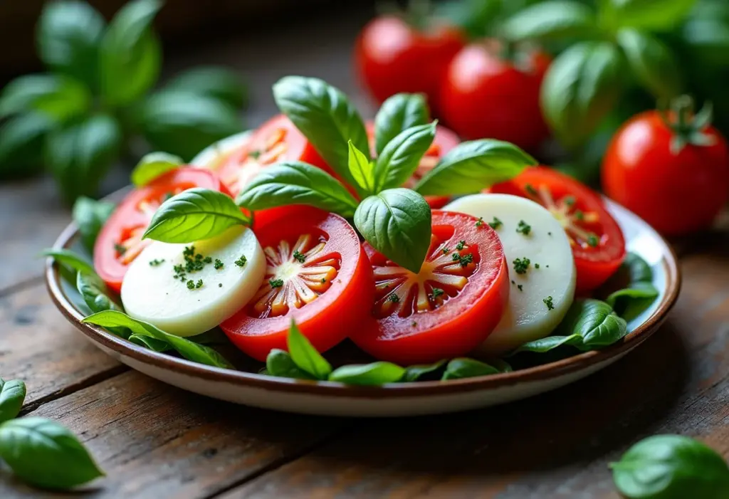 Salada Caprese apetitosa com ingredientes frescos e vibrantes.