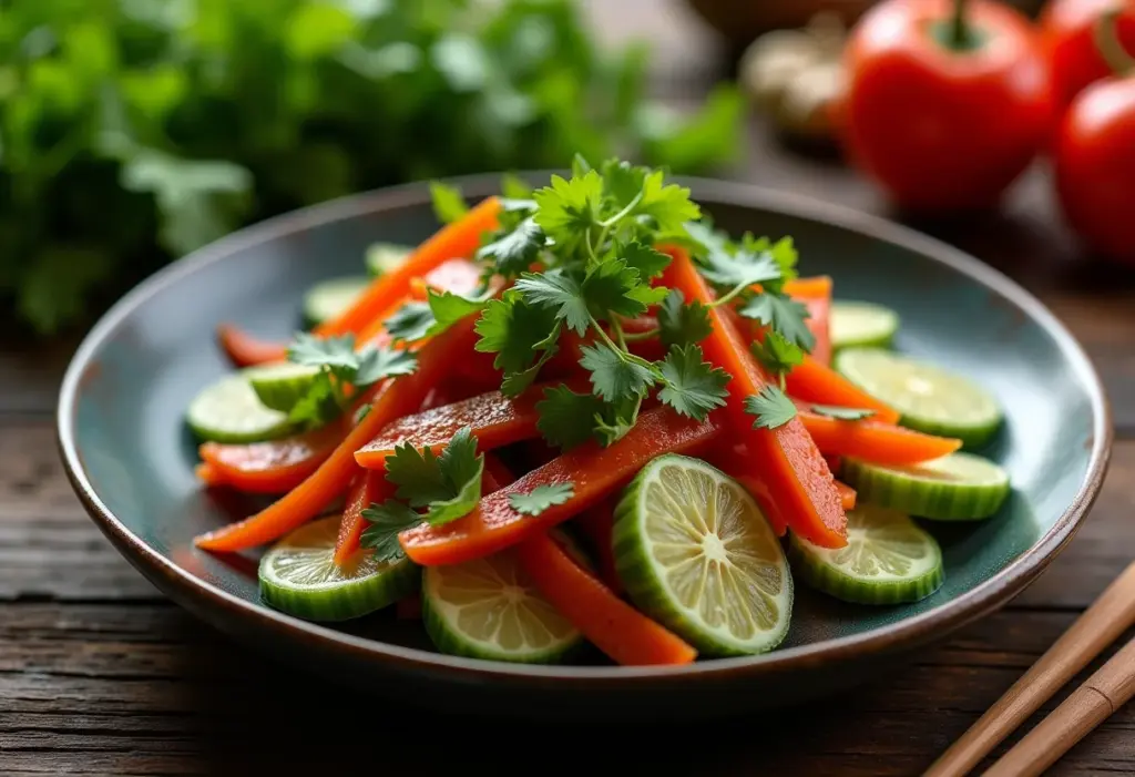 Salada de broto de bambu tailandesa com ingredientes frescos