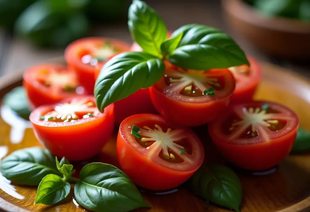 Salada de tomate com manjericão fresca e apetitosa