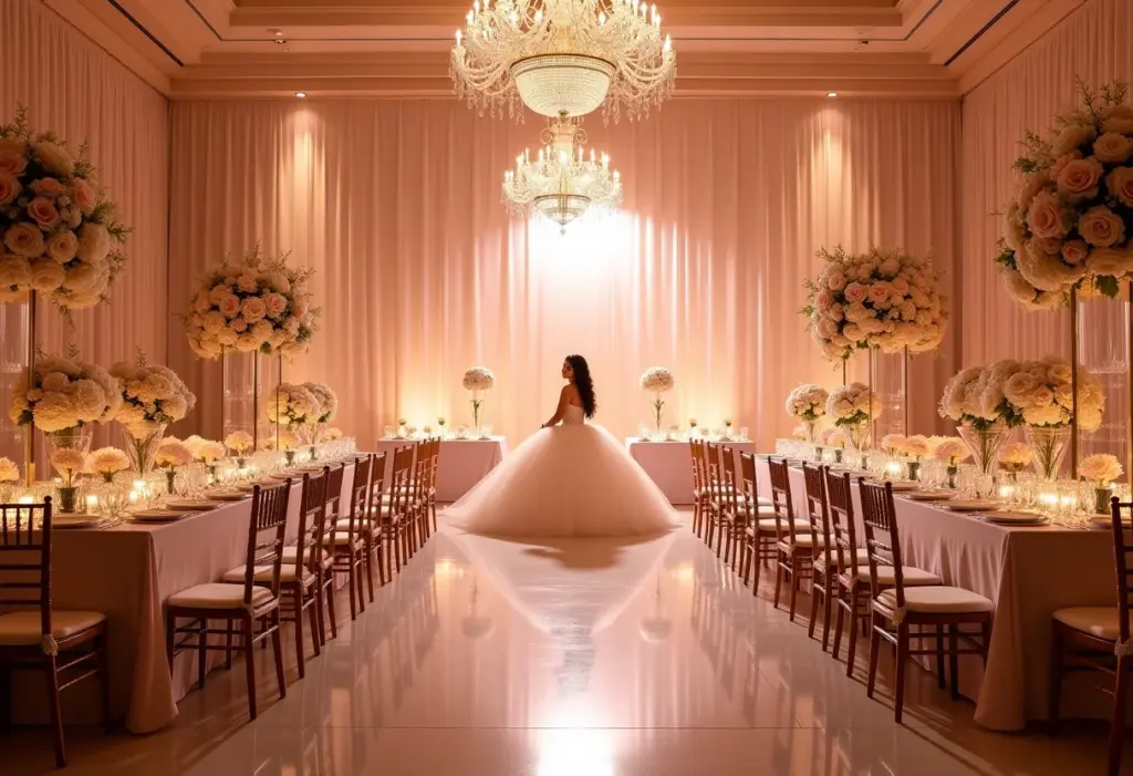 Salão de festa de 15 anos ricamente decorado com flores e iluminação suave
