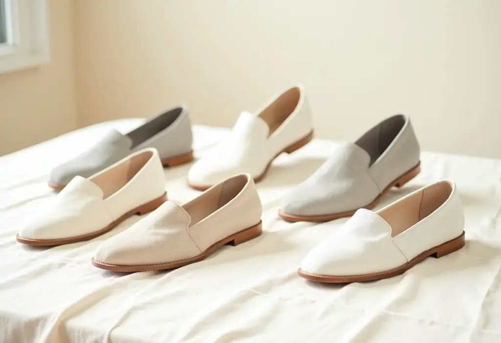 Sapatos de linho em tons neutros com manchas sutis.