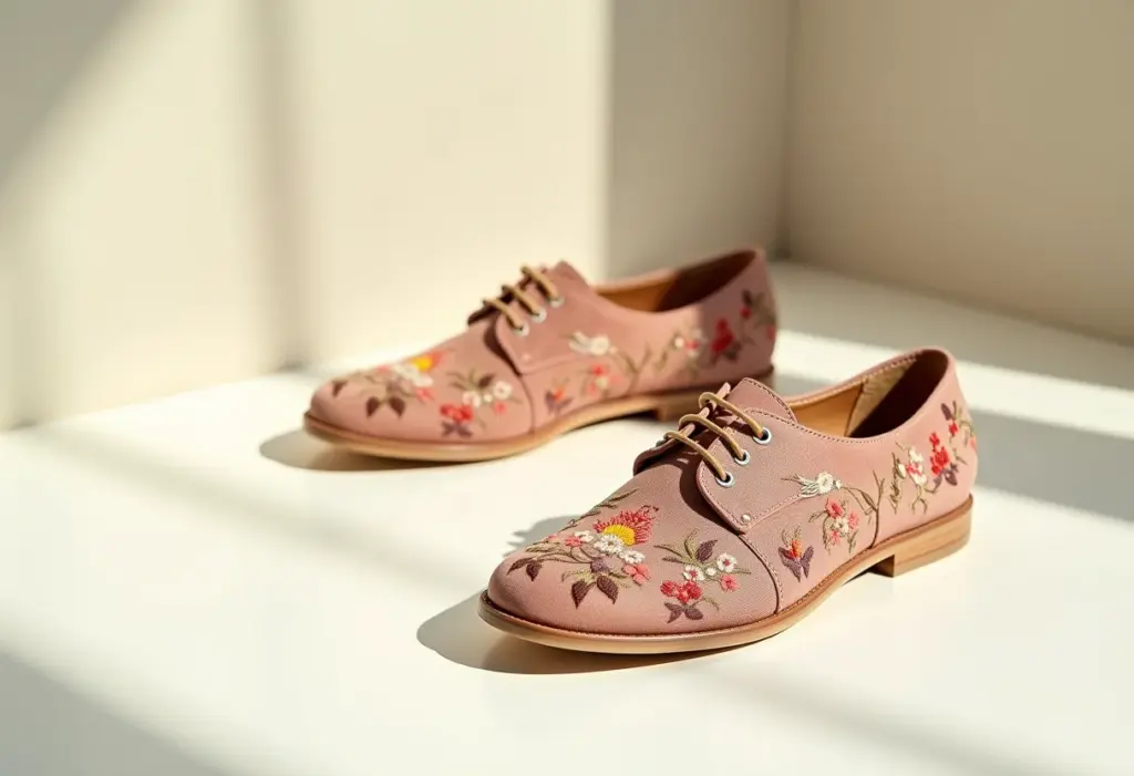 Sapatos de tecido bordado em close-up