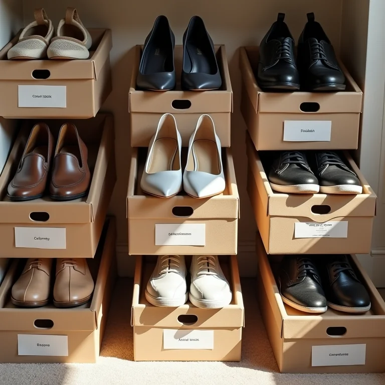 Sapatos organizados por categoria em caixas