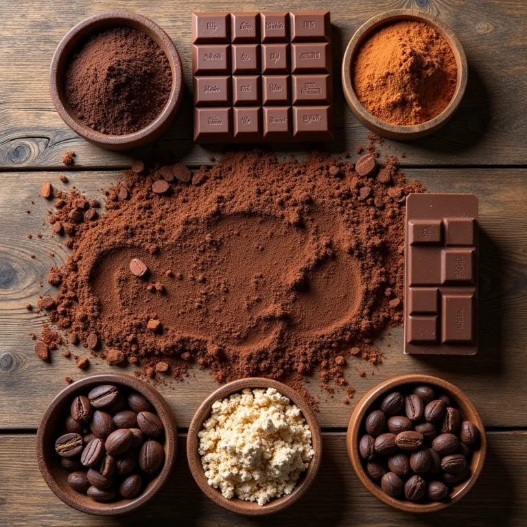 Seleção de diferentes tipos de cacau e chocolate em uma composição flat lay.