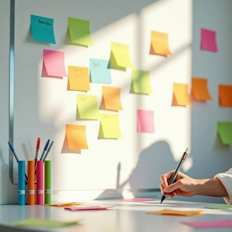 Sessão de brainstorming com notas adesivas e ideias