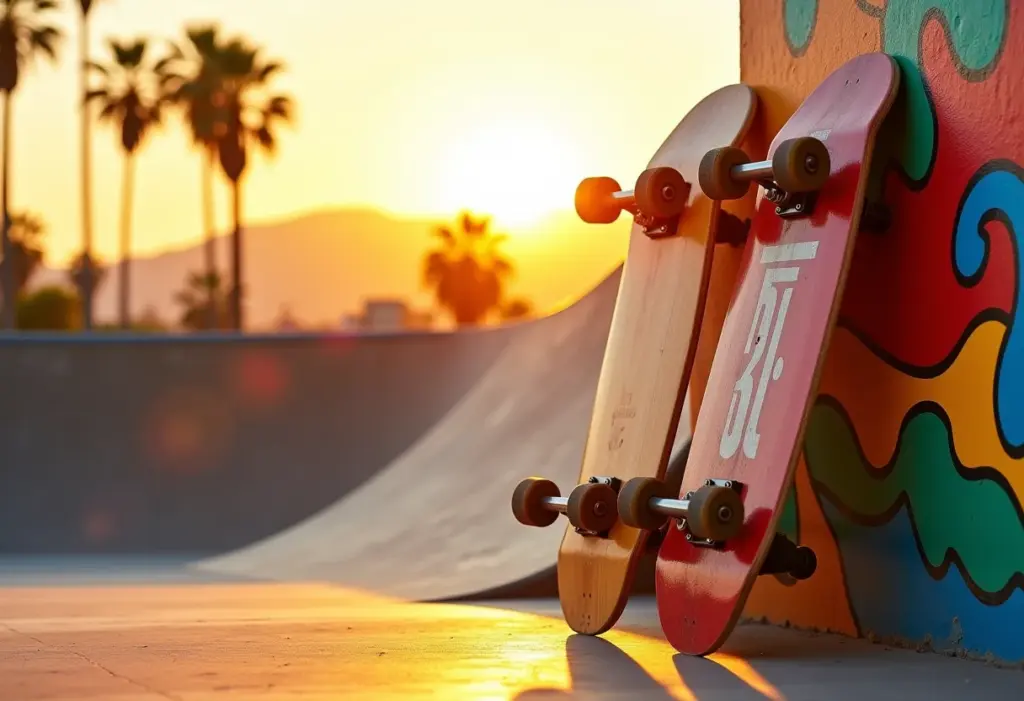 Skatepark ensolarado na Califórnia com skates vintage e mural vibrante