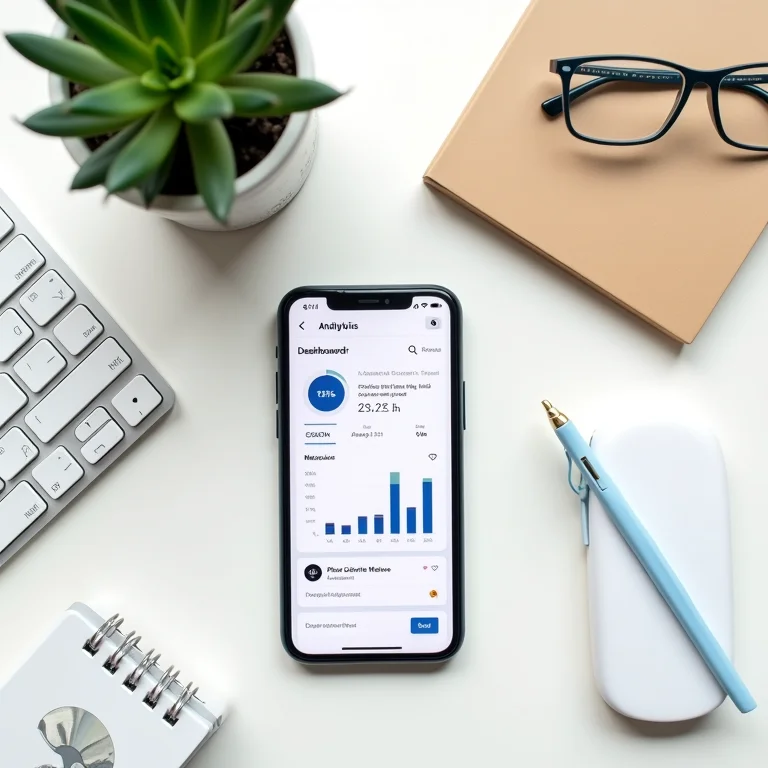Smartphone exibindo dashboard de análise de redes sociais em flat lay
