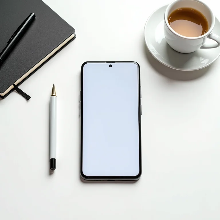 Smartphone mostrando app de banco cercado por objetos minimalistas