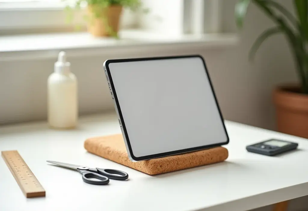 Suporte de cortiça para tablet em mesa de trabalho minimalista