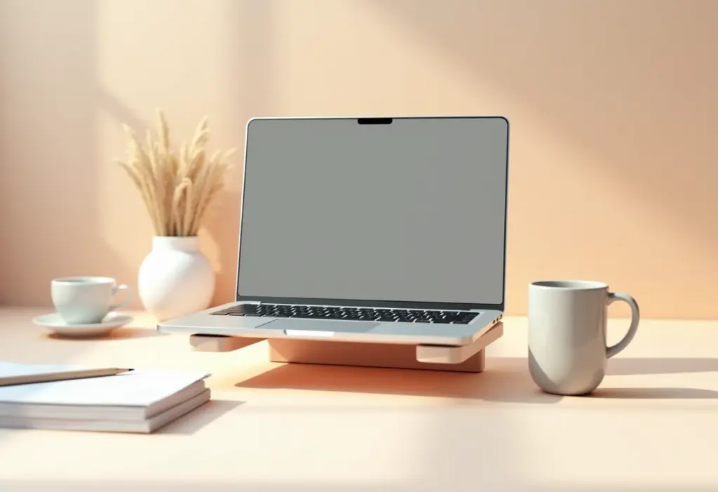 Suporte de notebook de biscuit artesanal em mesa de trabalho minimalista