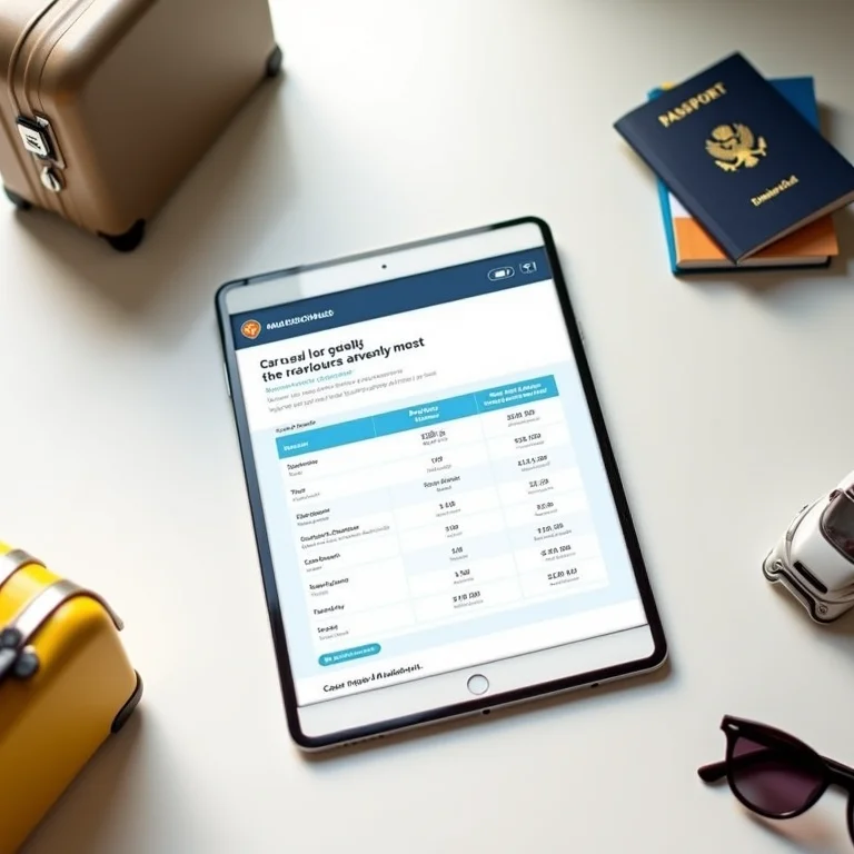Tablet exibindo comparativo de preços de aluguel de carros, com acessórios de viagem.