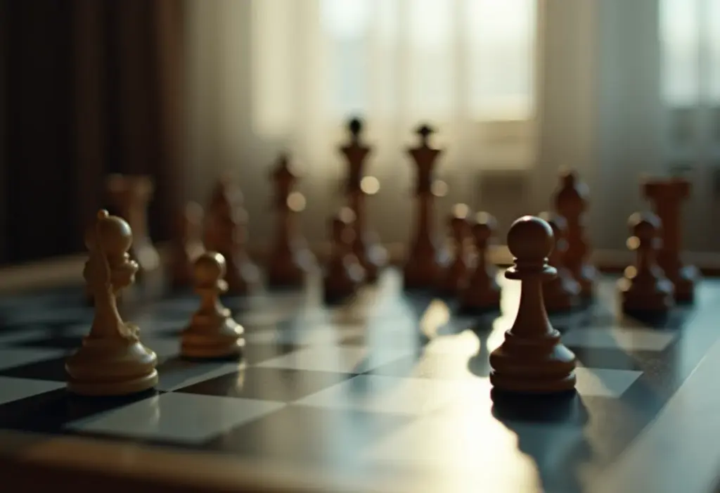 Tabuleiro de xadrez com peças posicionadas, simbolizando a complexidade do jogo.
