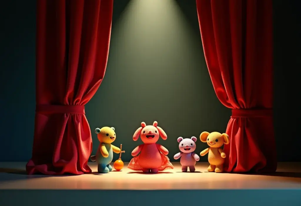 Teatro de fantoches em miniatura com luz dramática.