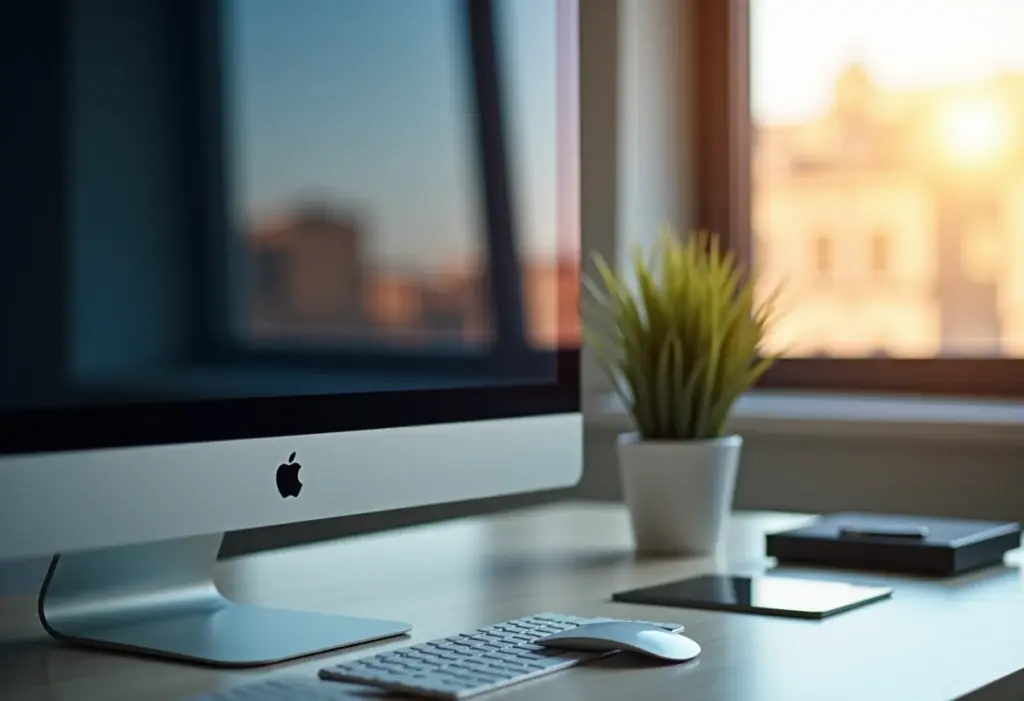 Tela de computador brilhando em ambiente de trabalho clean.