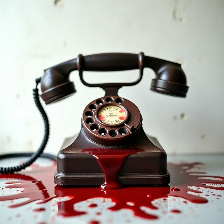 Telefone antigo com sangue escorrendo pelo fone, representando o terror metalinguístico de 'Pânico (2022)'.
