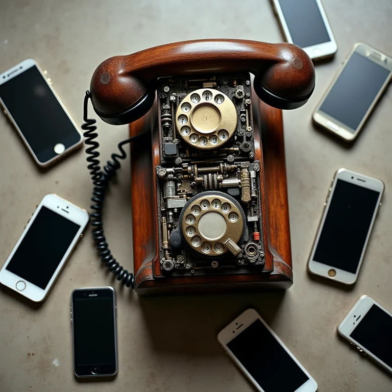 Telefone antigo desmontado com smartphones modernos ao redor