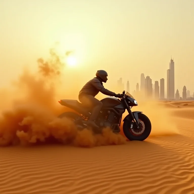 Tempestade de areia engolindo moto futurística, referência a Missão Impossível