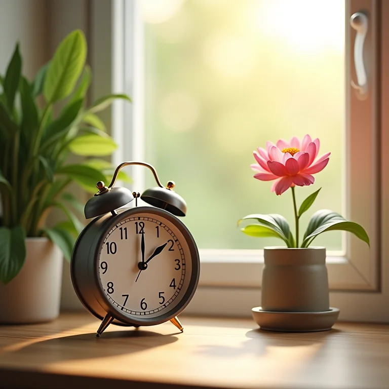 Temporizador ao lado de uma planta, banhados em luz suave