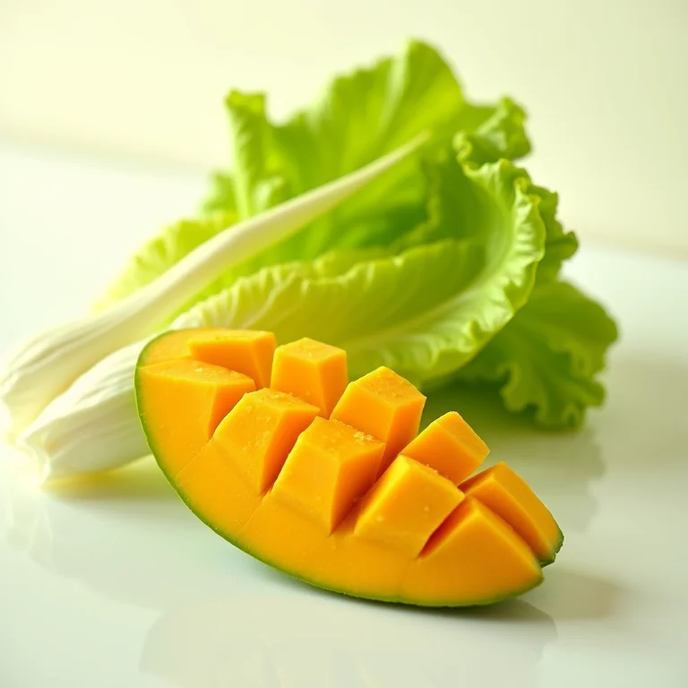 Texturas contrastantes de alface e manga em close-up