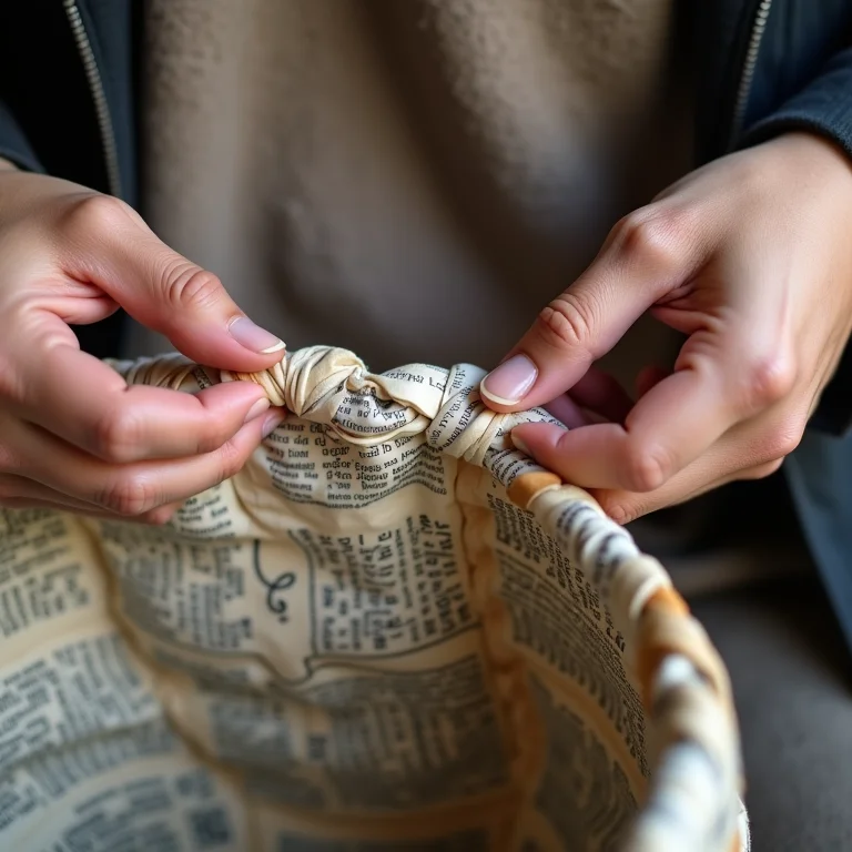 Trançando as laterais de um cesto de jornal.