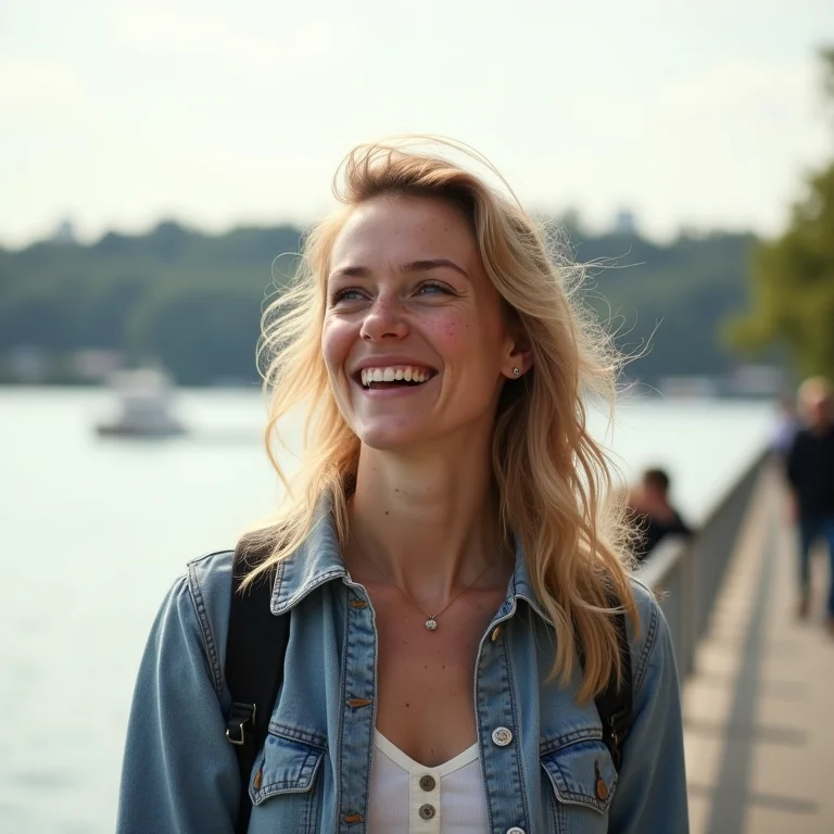 Turista caminhando pela orla do lago próxima ao Museu Olímpico em Lausanne.