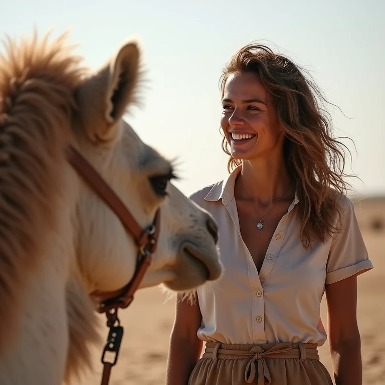Turista interagindo com guia credenciado para passeio de dromedário