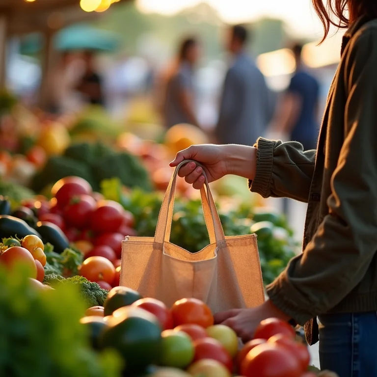 Turista usando sacola reutilizável em mercado local.