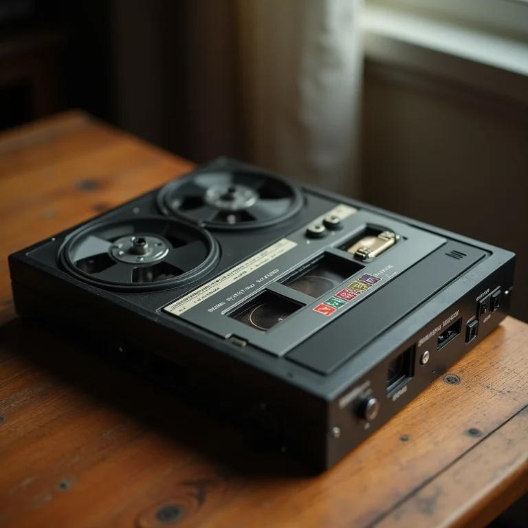 Um gravador antigo sobre uma mesa de madeira, evocando o realismo em filmes de terror.