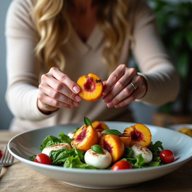 Variações criativas da salada Caprese com pêssegos grelhados.