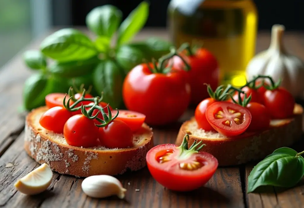 Variedade de ingredientes frescos para bruschetta italiana em cima de mesa rústica de madeira