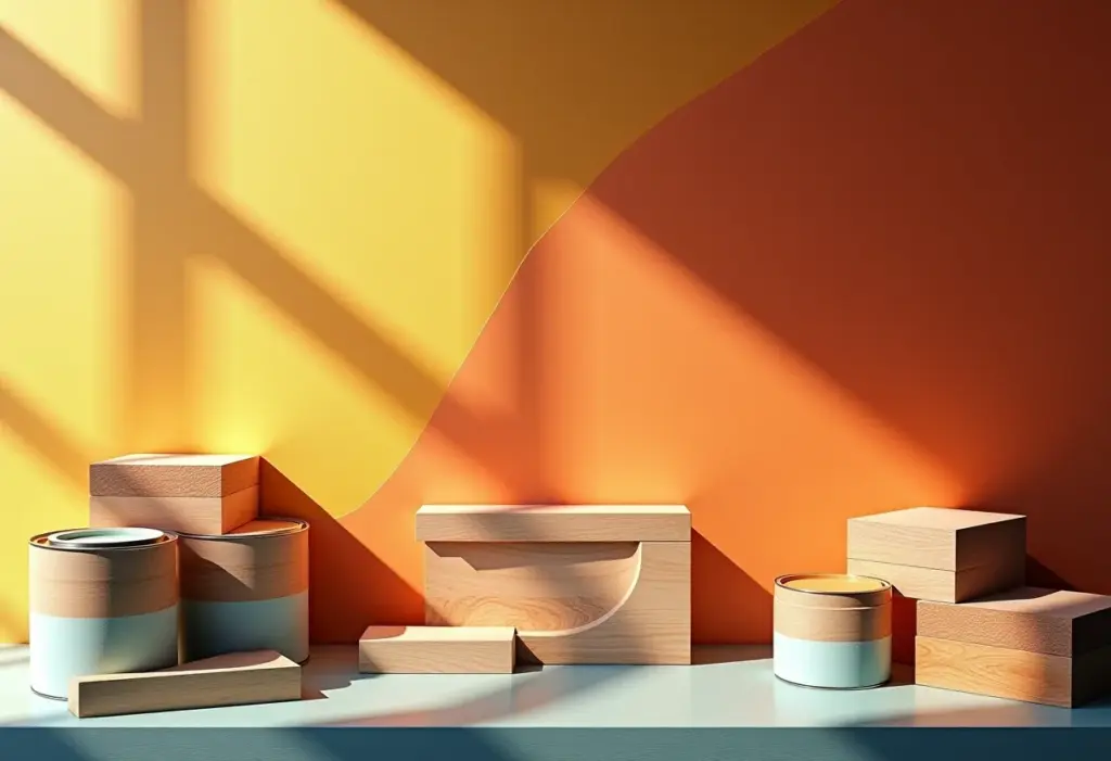 Variedade de madeiras recebendo diferentes tipos de tinta e acabamento.