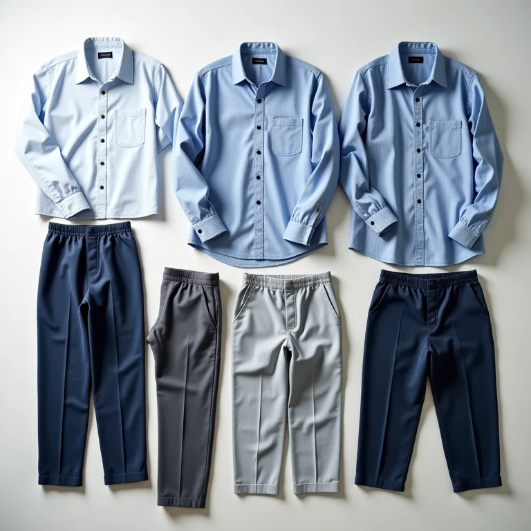 Variedade de peças de uniforme dispostas em um fundo neutro