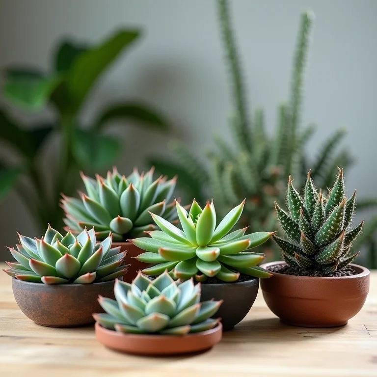 Variedade de suculentas com diferentes formas e cores em close-up.