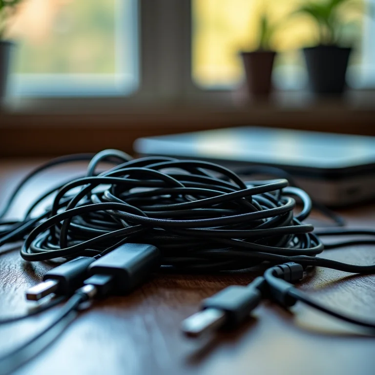 Vários cabos de celular paralelos quebrados e emaranhados.
