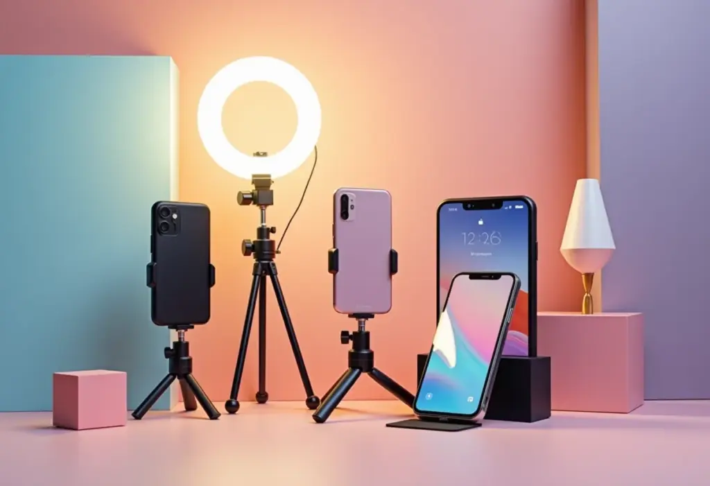 Vários celulares fotografando produtos com acessórios.