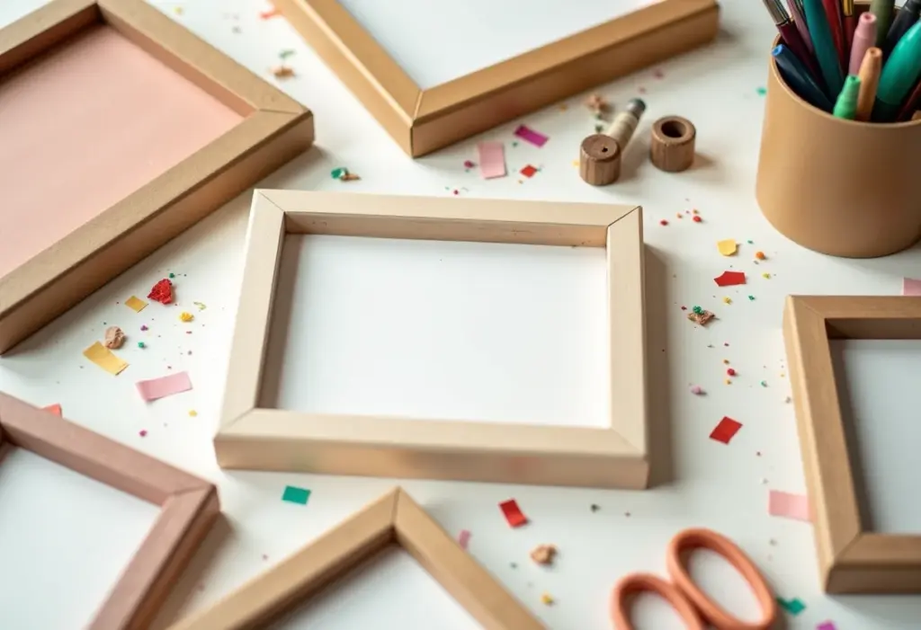 Vários porta-retratos de papelão decorados e simples em uma mesa de artesanato