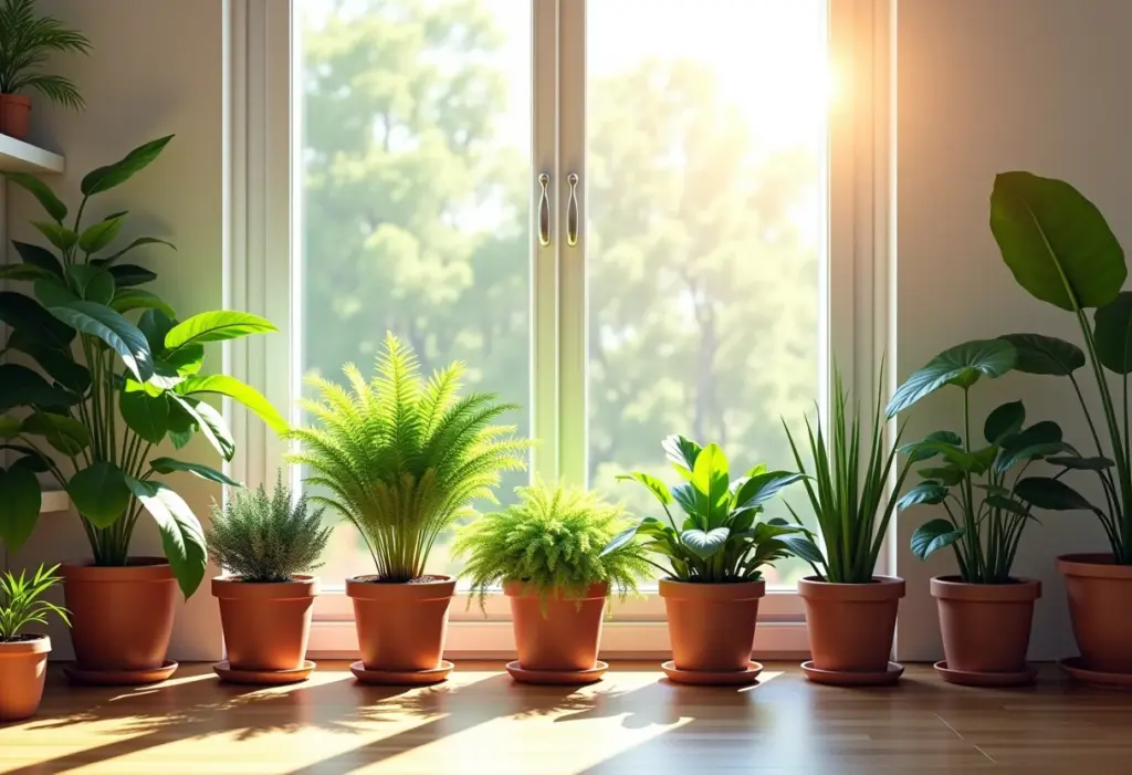 Vasos autoirrigáveis em sala de estar iluminada