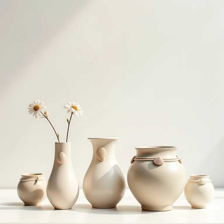 Vasos e cachepots decorados com conchas.