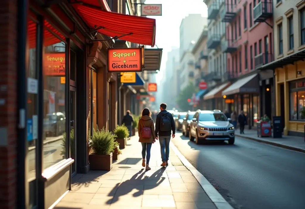 Visão aérea de rua movimentada com negócios usando Foursquare