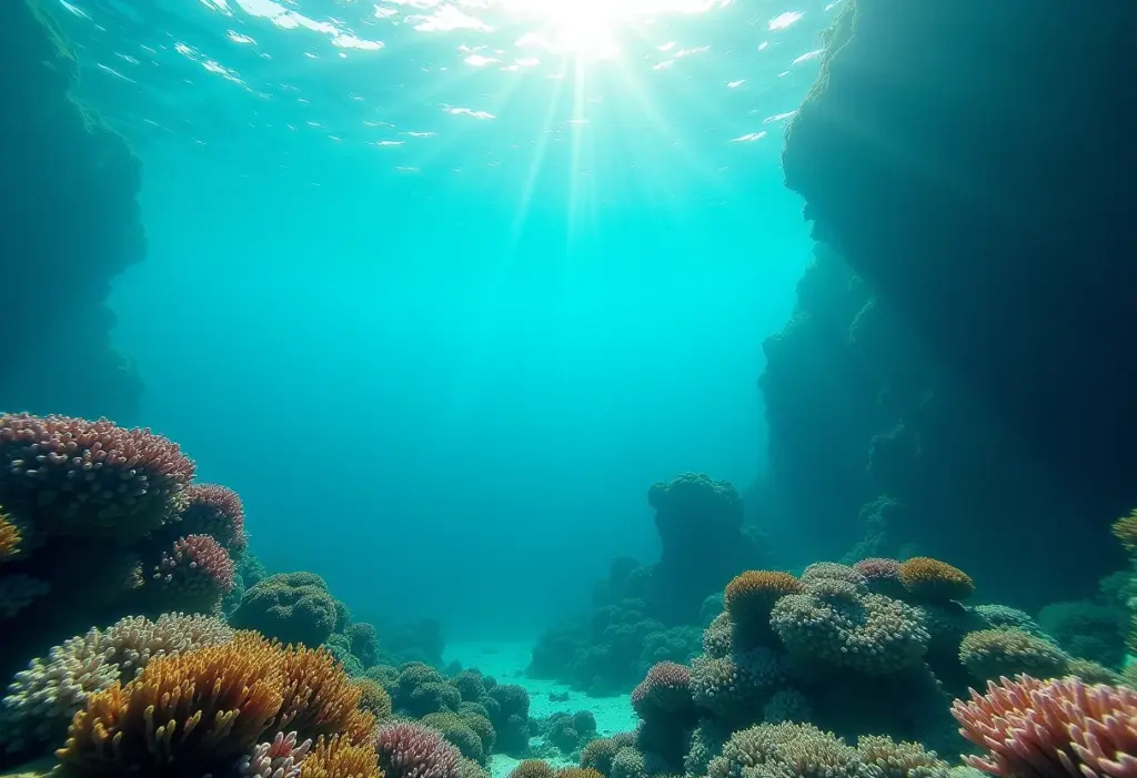 Visão deslumbrante das águas cristalinas do Caribe, revelando recifes de corais vibrantes e intactos.