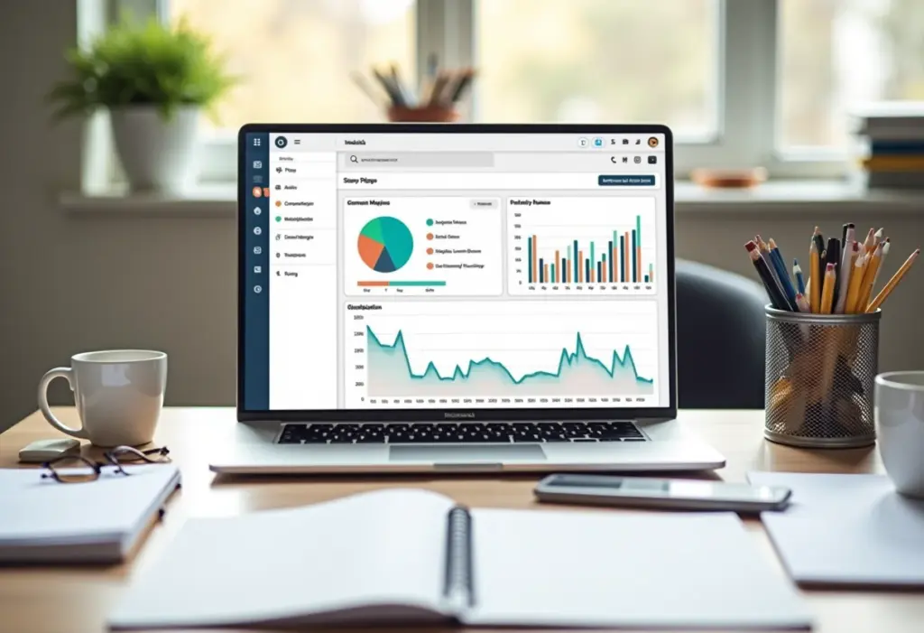 Visão geral de um espaço de trabalho organizado com um CRM em destaque.