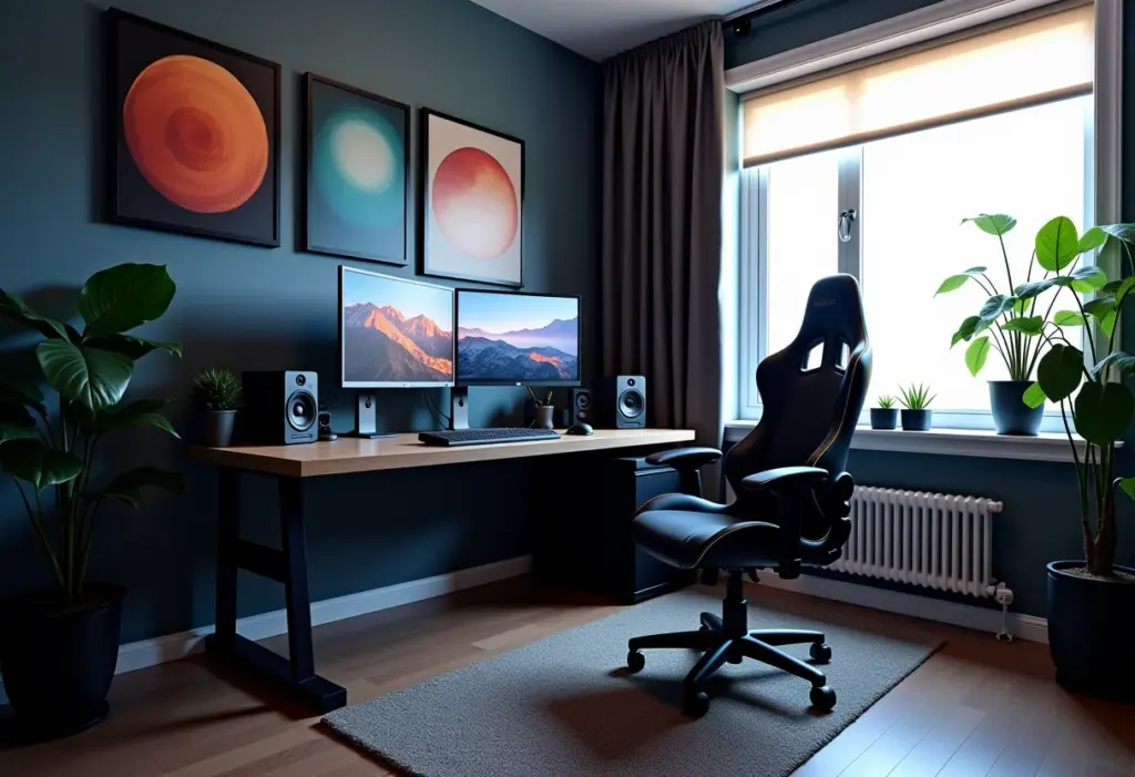 Visão geral de uma sala de jogos organizada com equipamentos de alta qualidade.