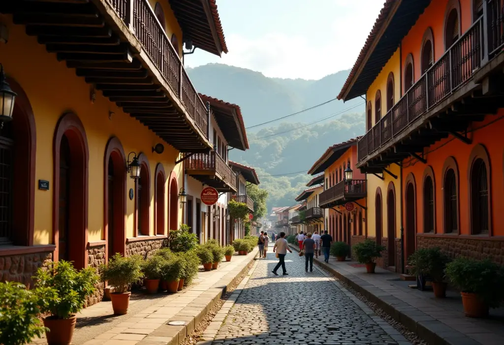 Visão panorâmica da Vila Germânica em Blumenau, destacando a arquitetura tradicional e o ambiente festivo.